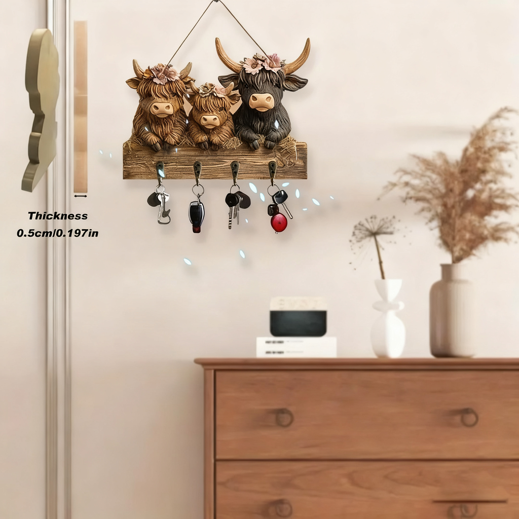 🐮 Rustic Highland Cow Wooden Family Key Holder Hanging Ornament with 4 Hooks