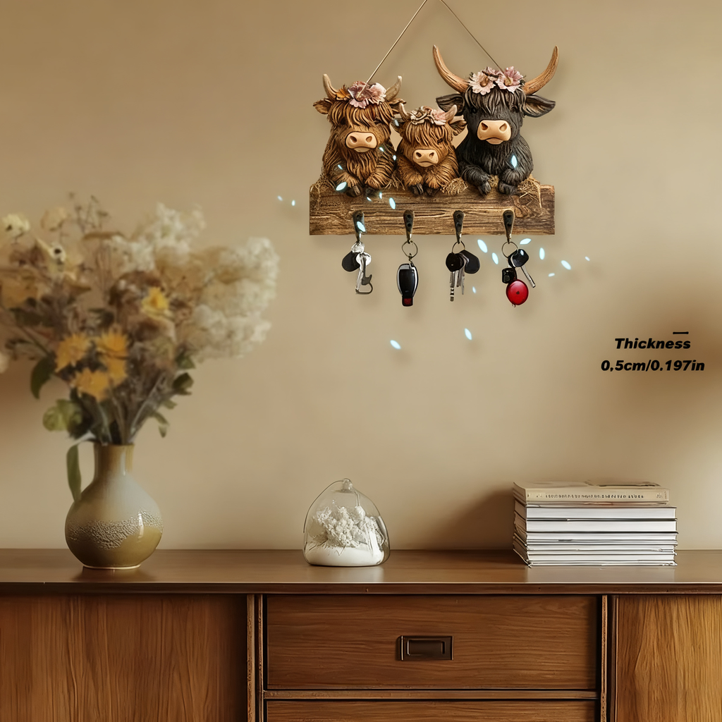 🐮 Rustic Highland Cow Wooden Family Key Holder Hanging Ornament with 4 Hooks