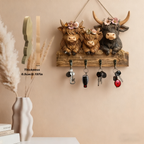 🐮 Rustic Highland Cow Wooden Family Key Holder Hanging Ornament with 4 Hooks