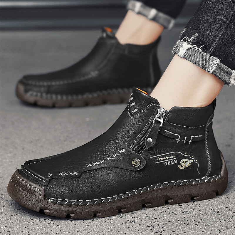 (⏰Last Day 70% OFF🔥)Men's Top-Quality Motorcycle Boots Hand-Stitched Genuine Leather Boots-Wide Toe, Waterproof， Anti-Slip， Anti-Sprain，Suitable for Work, Driving, Hiking