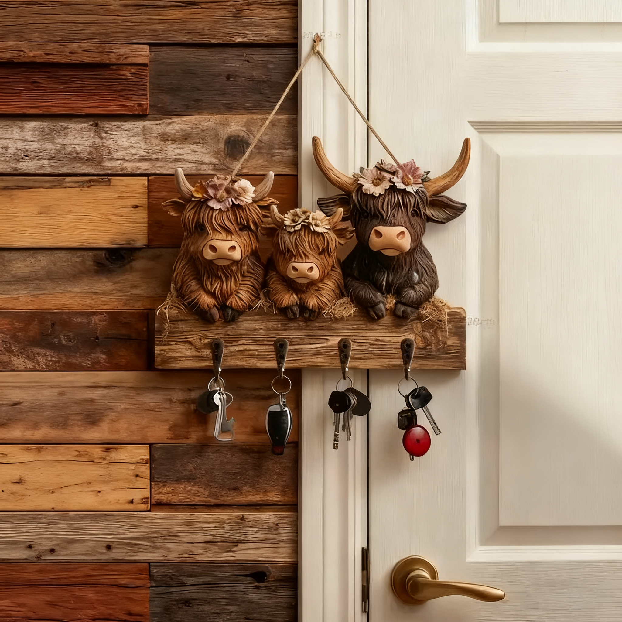 🐮 Rustic Highland Cow Wooden Family Key Holder Hanging Ornament with 4 Hooks