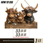 🐮 Rustic Highland Cow Wooden Family Key Holder Hanging Ornament with 4 Hooks