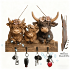 🐮 Rustic Highland Cow Wooden Family Key Holder Hanging Ornament with 4 Hooks
