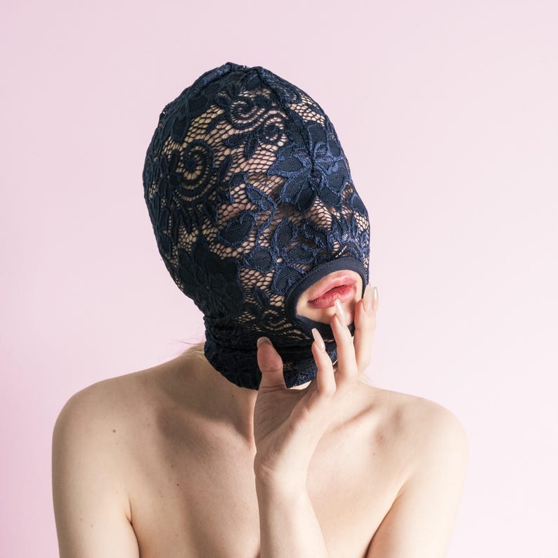 Handmade blue full-face mask with only the mouth showing 72
