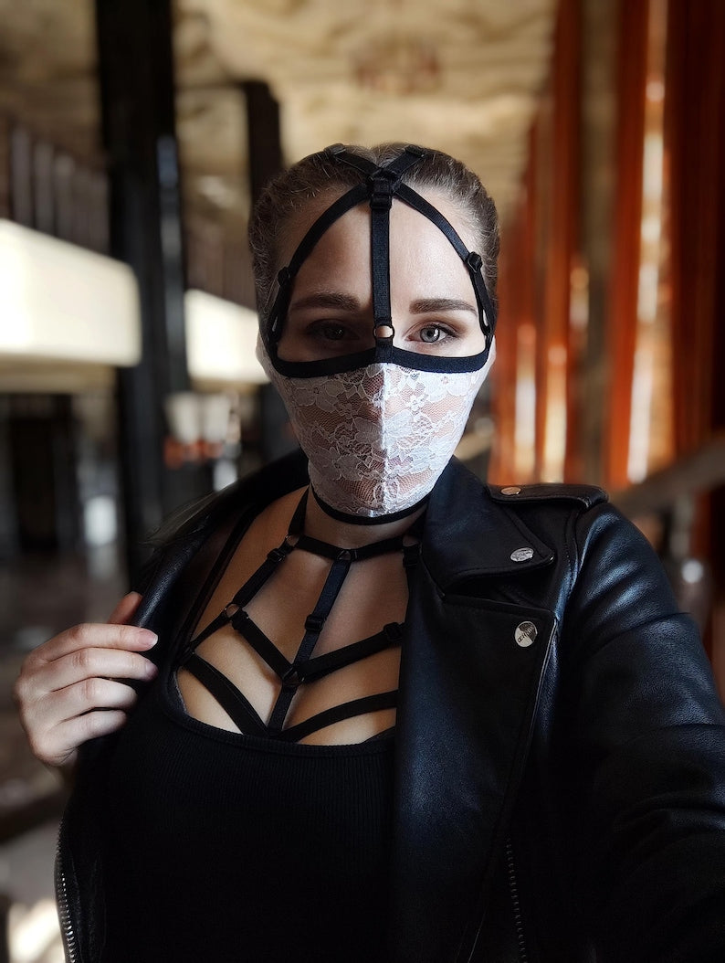 Handmade white lace mask with straps 48