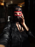 Handmade black and red lace mask, only revealing the eyes.78